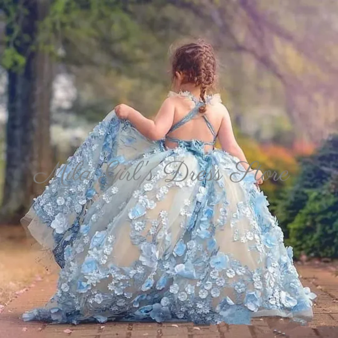 Customized Blue Backless Flower Girl Dress For Wedding Floral Appliques Floor Length Kids Birthday First Communion Ball Gown