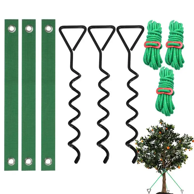 

Heavy Duty Spiral Tree Stakes Anchor Support Kit For Young Trees Against Bad Weather Include 3Pcs Stakes 3Pcs Straps 3Pcs Ropes