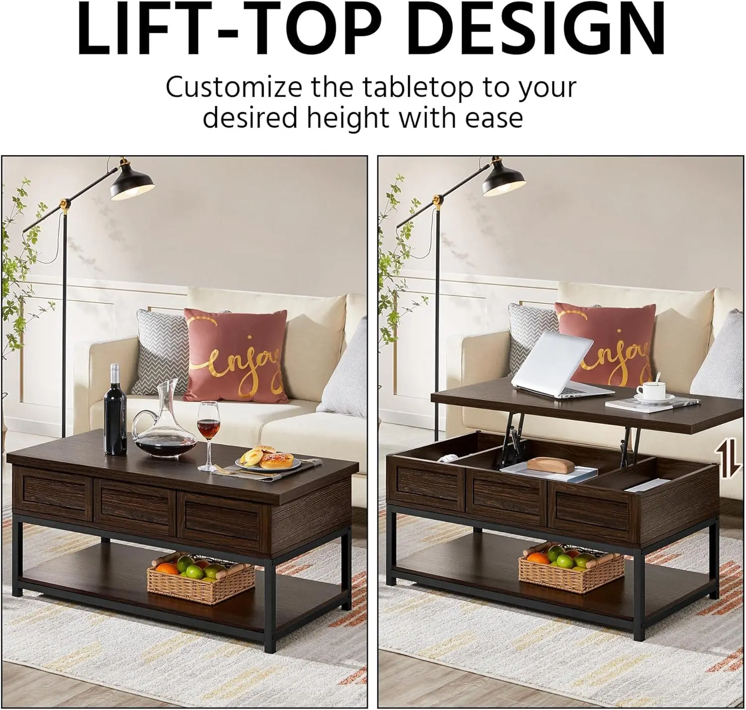 Lift Top Coffee Table with Hidden Compartments & Bottom Open Shelf, Lifting Tabletop Center Table for Home Living Room Reception