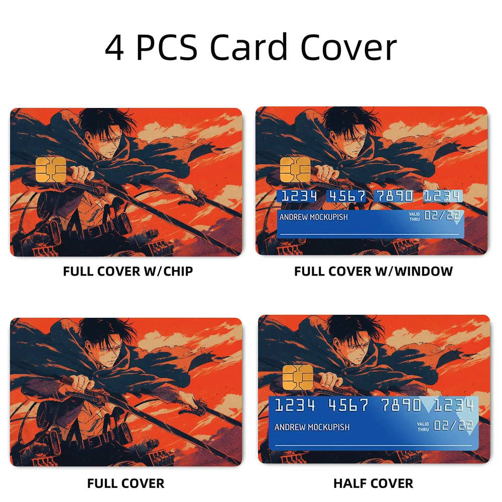 Levi Ackerman Attack On Titan Anime Stickers 4pcs PVC Card Skin Stickers for Bank Card Bus Metro Card Case Decorate Gift