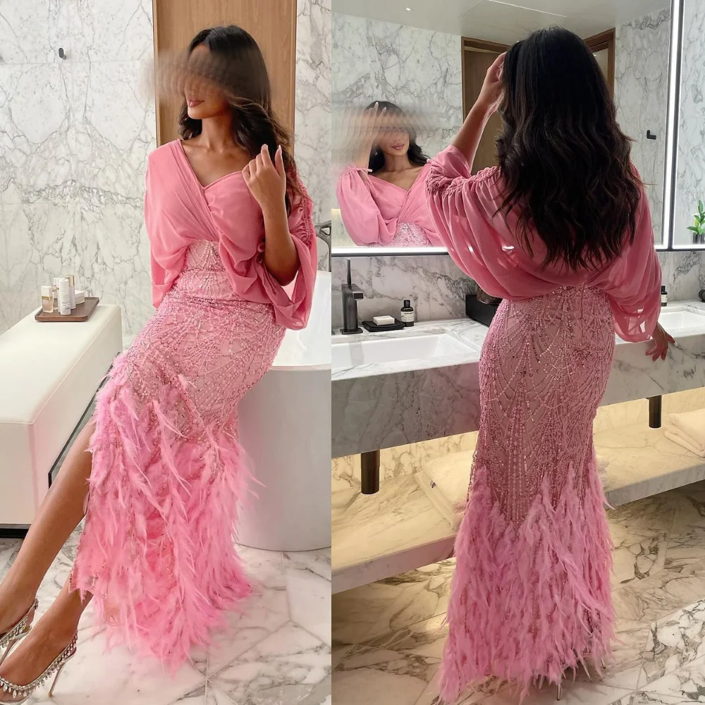 Customized  Sexy V-neck Mermaid Hugging Tassel Sequin Organza Occasion Evening Gown Abiye Dugun Elbiseleri Bayan Turkiyenin