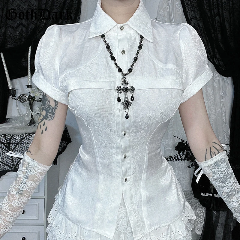

Goth Dark Fairy White Short Sleeve Button Shirts Blouse Lolita Style Lapel Colar Lace Patchwork Shirt Gothic Slim Lace-up Tops