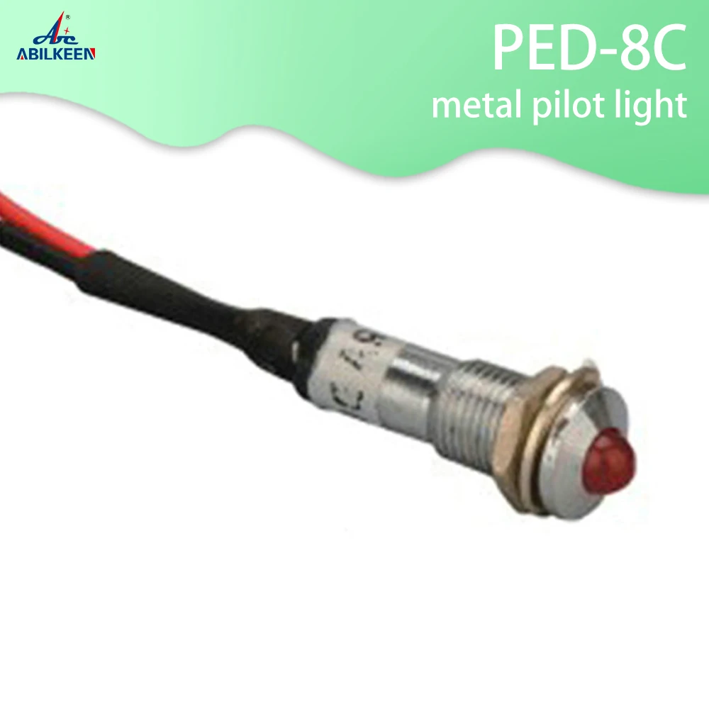 Abbeycon-lâmpada piloto de metal, 12v/24v/220v, 8mm, led, 12v, indicador de tensão, com fio, lâmpada led de piloto 100 segundo