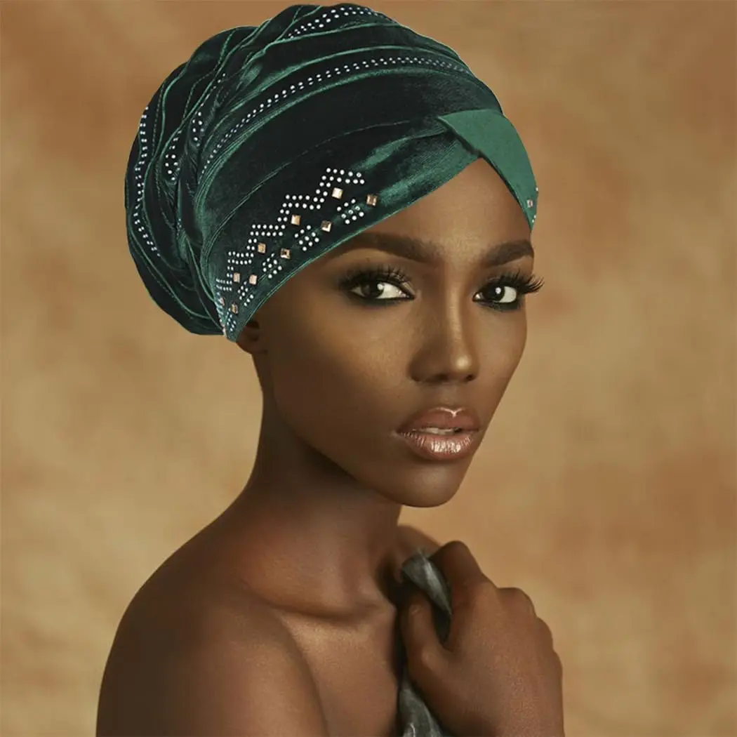 African Pre-Tied Hijab Headwraps Green Crystal Head Wrap Pleated Velvet Stretchy Daily Prom Turban Beanie Caps for Women