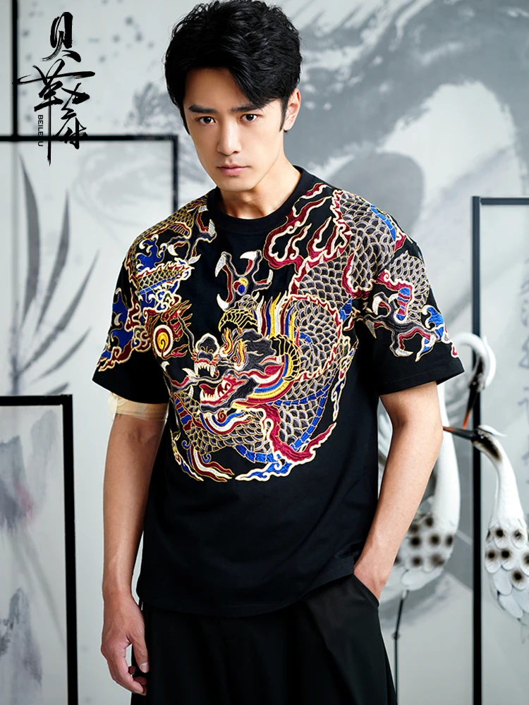 Chinese Style Heavy Embroidered Dragon Robe T-shirt Summer Trendy Short-sleeved Top Black Plus Size