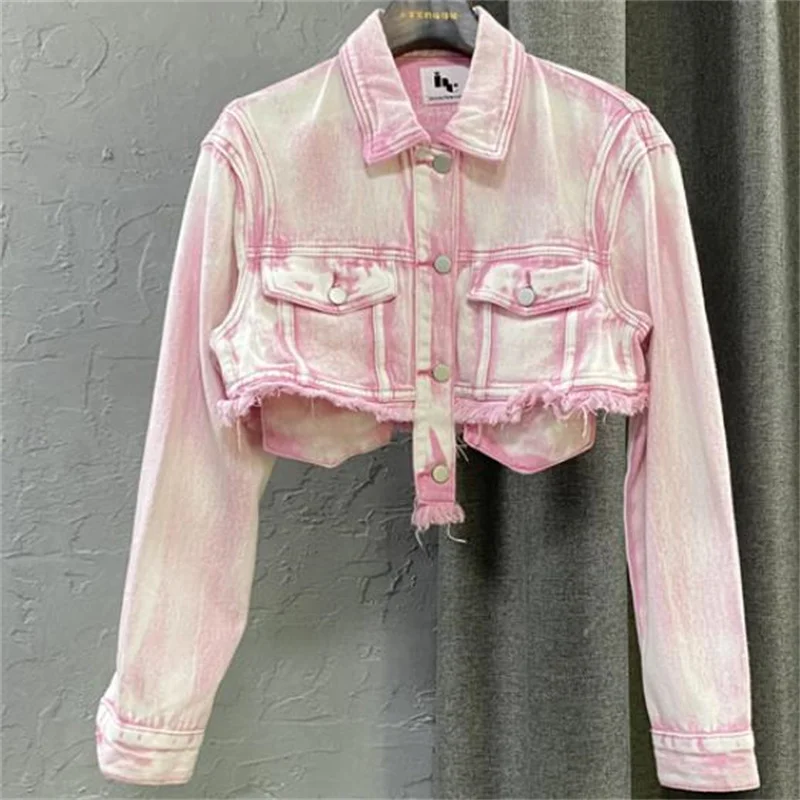 

Women's new fashion tie-dye pink coat ins short denim jacket