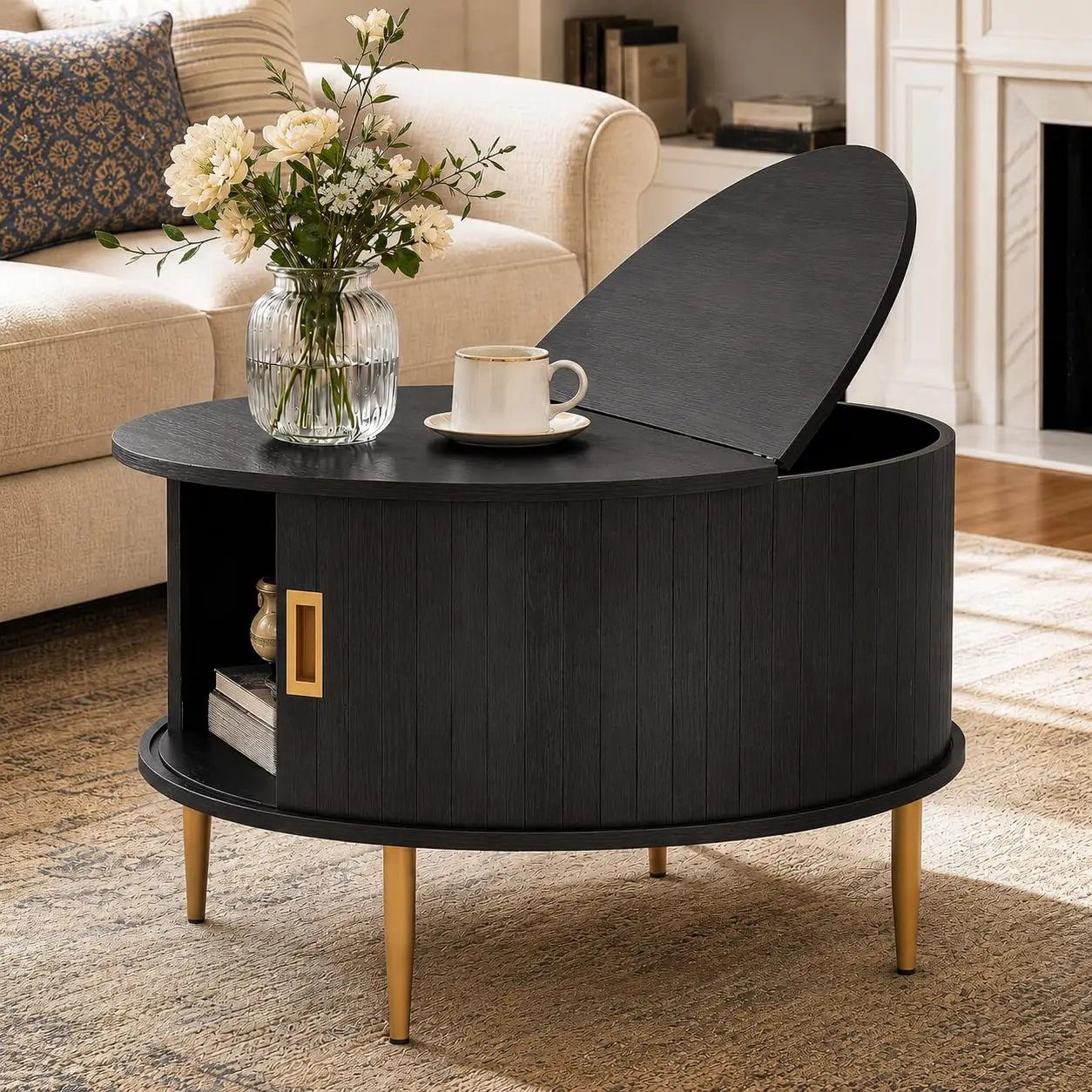 Round Coffee Table with Storage Mid Century Walnut Solid Wood Flip Top Fluted Door Water Scratch Resistant 110lbs, Customized