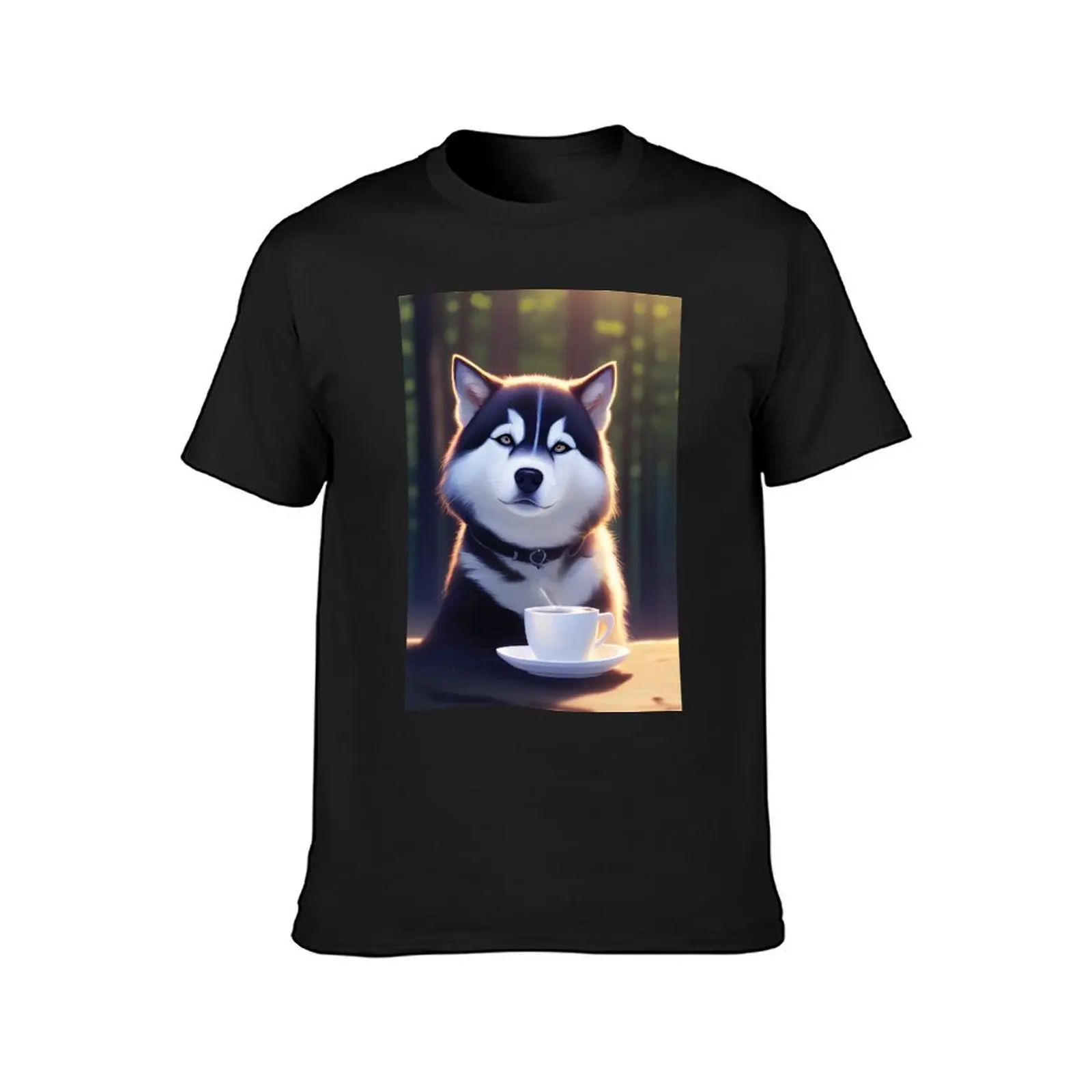 Siberian Husky with a mug cup of morning coffee T-Shirt Short sleeve tee summer top aesthetic clothes clothes for men