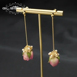 GLSEEVO Rosebush Flowers Long Chain Drop Earrings Korean Style Creative Design Personality Women Accessories Girls Gifts GE1189