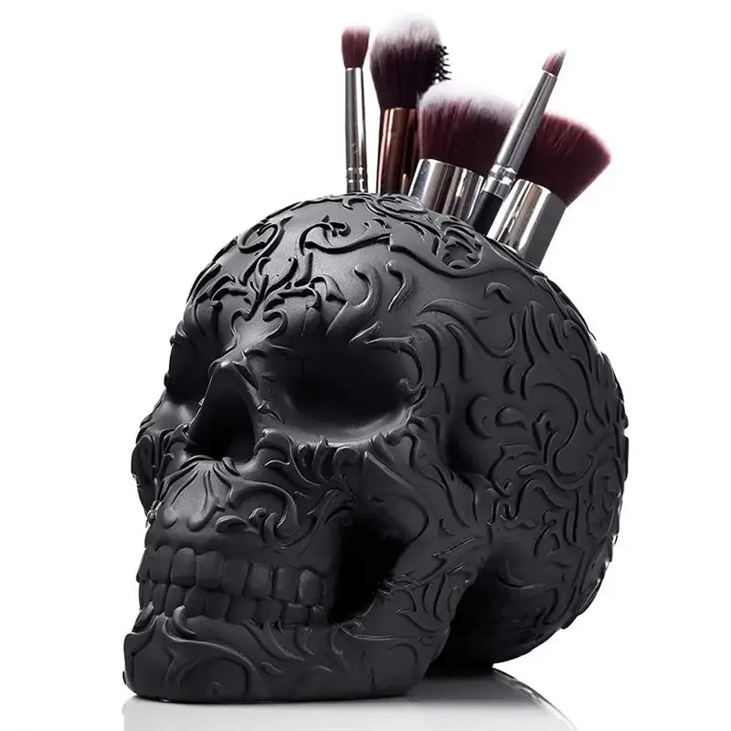 Halloween Skull Head Makeup Brush Holder Resin Craft Decoration Pen Holder Container Home Office Desk Decor Funny Toys Gifts