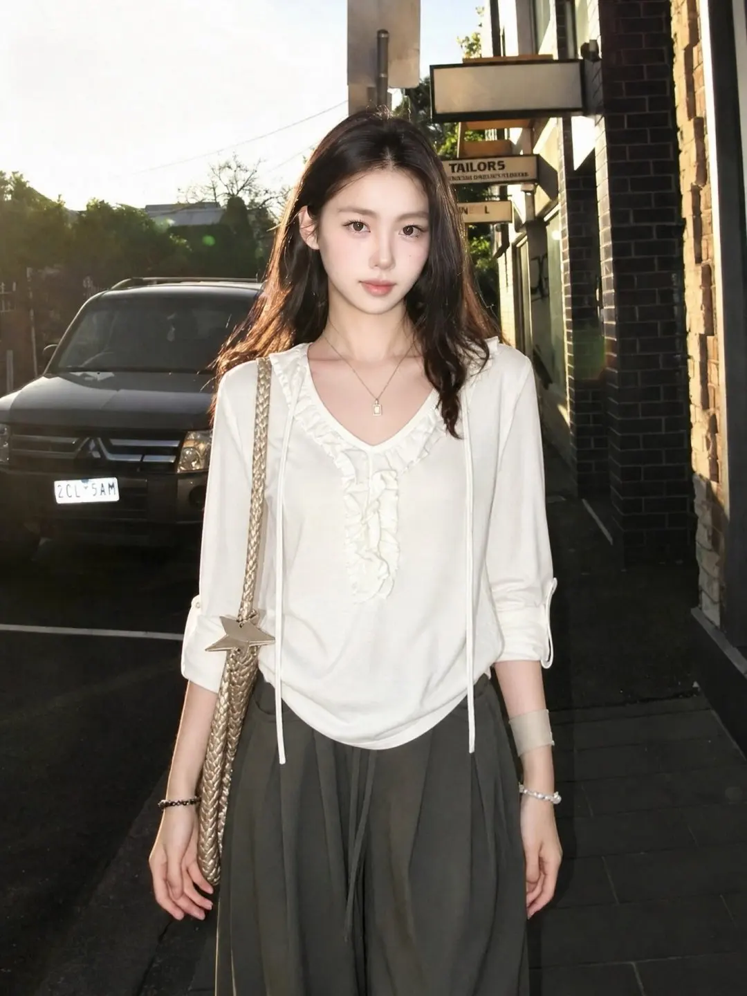 Korean Style V-Neck Three-Quarter Sleeve T-Shirt Women's Early Autumn High Intelligence Sensation Unique Beautiful Top