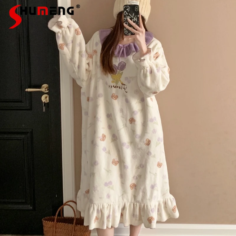 

Высококачественные фиолетовые пижамы с цветочным принтом для женщин, зимний утолщенный комплект для сна на флисовой подкладке, женская милая ночная рубашка с бантом, домашняя одежда