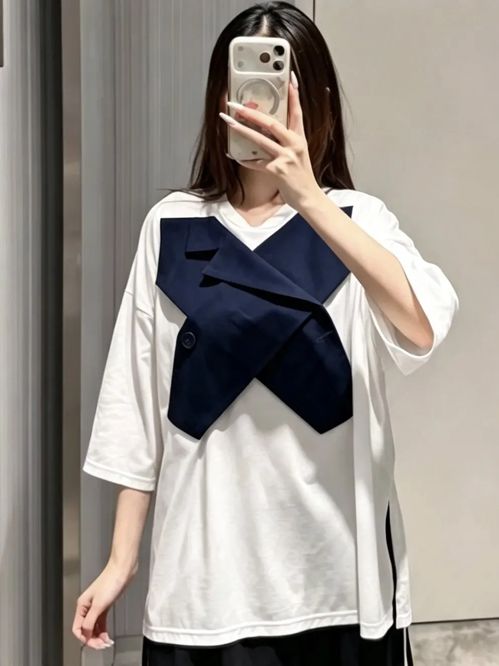 Women's Oversized Short Sleeve T‑shirt Color Matching Splicing Loose Design T-shirt Unique Spliced Blazer Patchwork T‑shirt