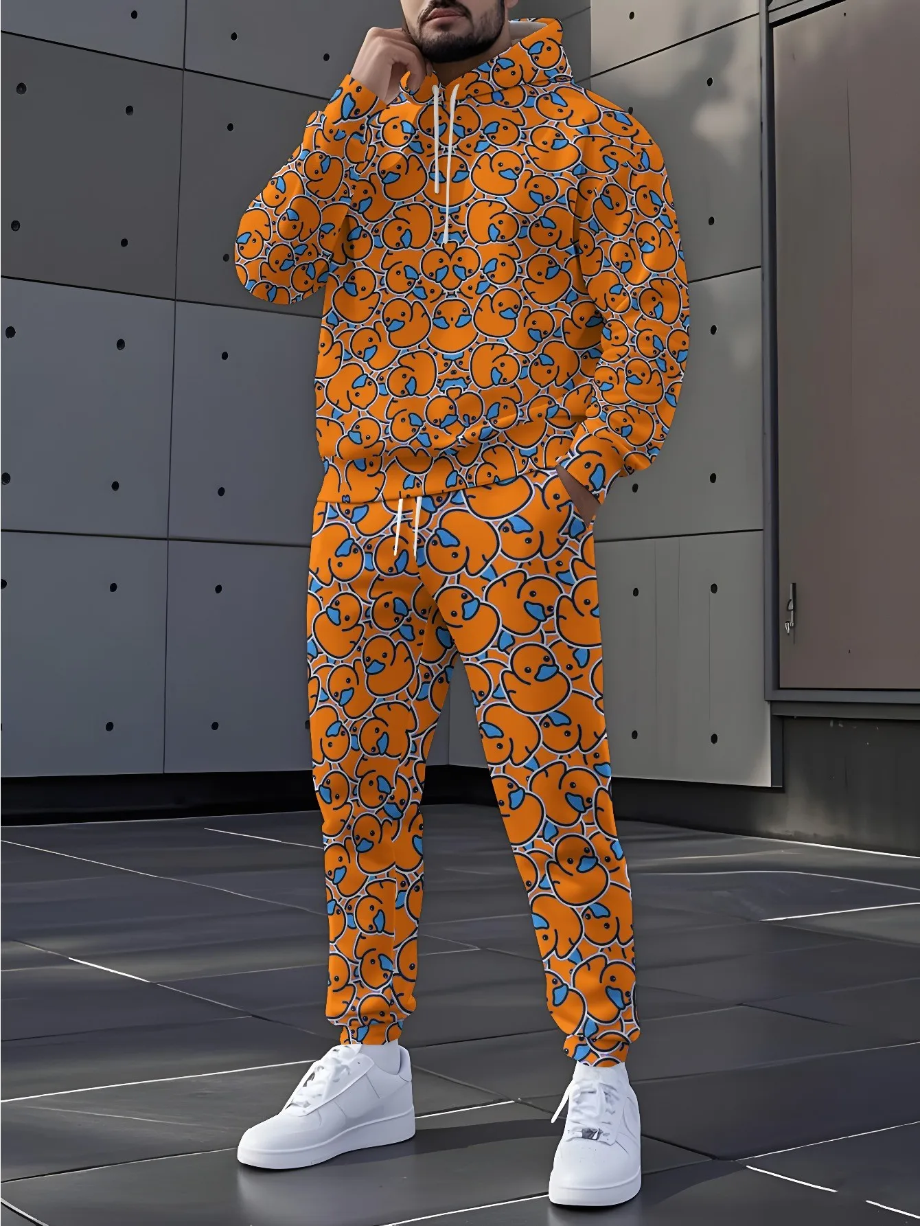 2026 Autumn/Winter Men's Hooded Sweatshirt and Pants Set - Casual and Fashionable Versatile 3D Duck Pattern Print