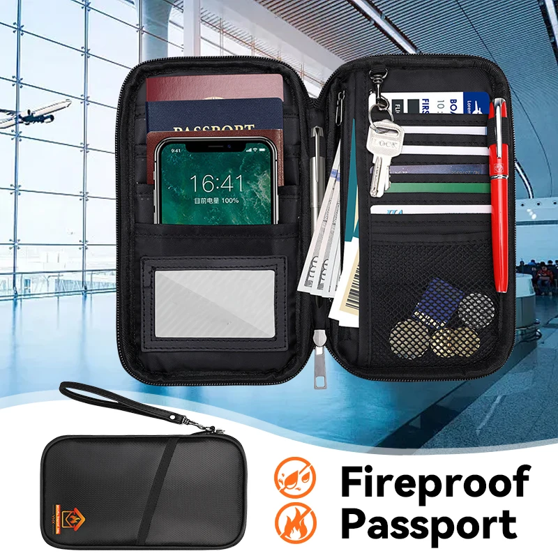 

Fireproof Waterproof Passport Bag RFID Blocking Material Holder Passport Pouch Zipper Multi Compartment Area Organizer Bag