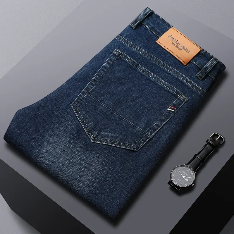 2024 New Men's Jeans Slim  Brand Autumn Casual Trousers Dark Blue Smoke Gray Straight Elastic Washed Cotton Classic Denim Pants