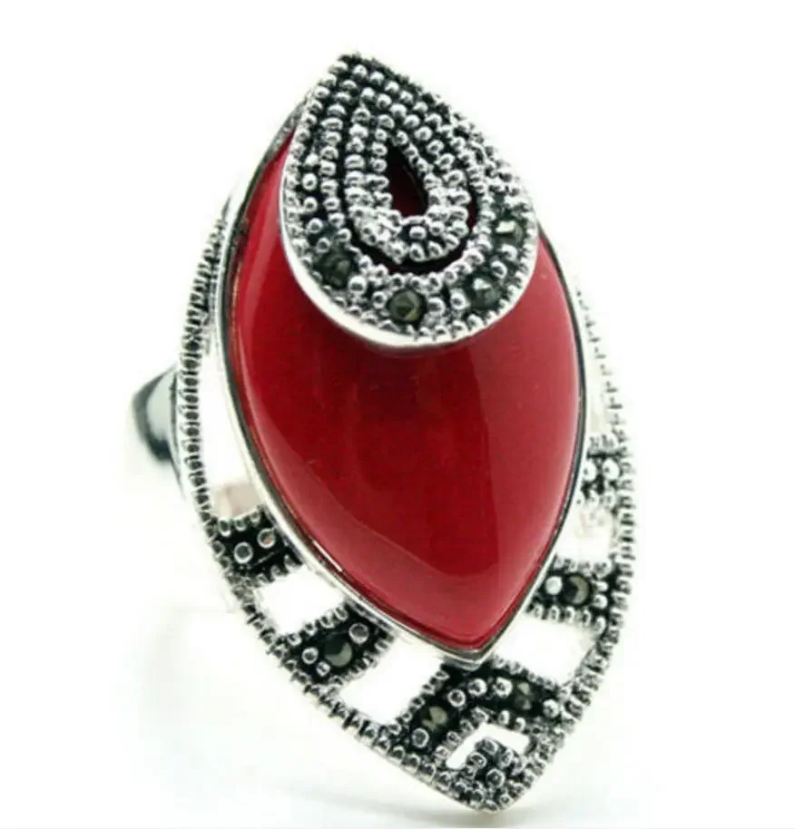 Fine jewelry   wholesale good 925 Sterling Silver Red Carved Lacquer With Marcasite Attractive Ring Size Nobilit