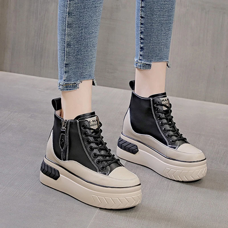 Spring Autumn Shoes Women Fashion Sneakers Genuine Leather Height Increasing Shoes 8cm Platform Brand Ladies Sneakers D264