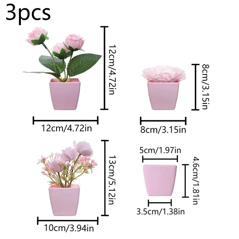 3PCS Simulated Flower Rose Potted Plant, Used Year-Round For Home, Bedroom, Study, Office, Desktop Shelf Decoration
