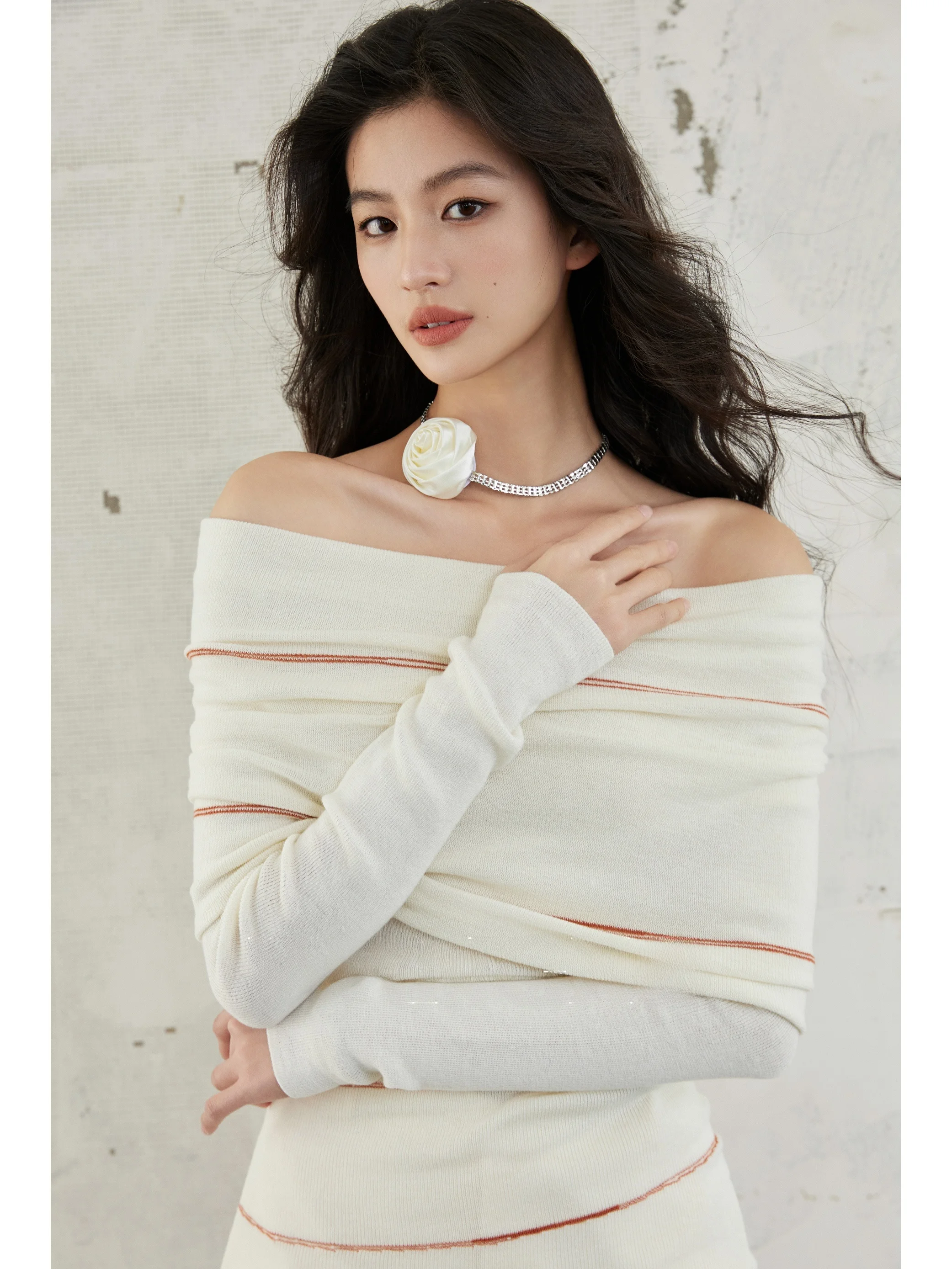 

WANGXO Women's Slim Fit Knitted Wool Base irt One oulder Turn-down Collar Color Blo Stripe Pattern Casual Sle