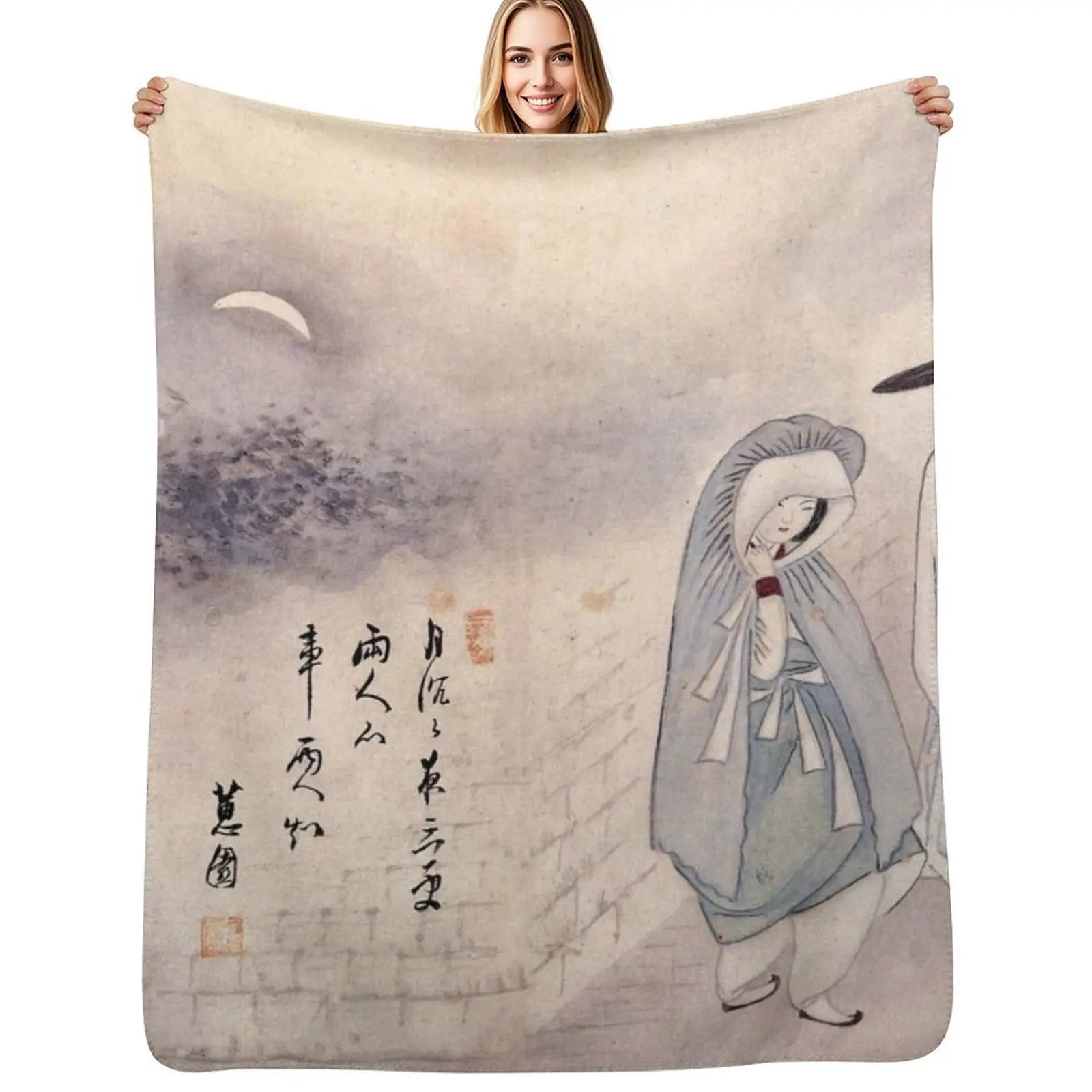 Korean Painting \bMinhwa Two Lovers under Moonlight Throw Blanket Warm Throw Blanket Gift for Anniversary