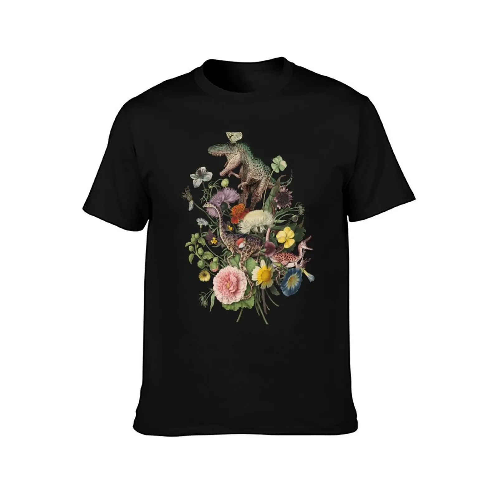Cottagecore DINO-MITE Dinosaur Botanical Bouquet- black background T-Shirt, Summer Casual Cotton Tee, Oversized Streetwear Tops