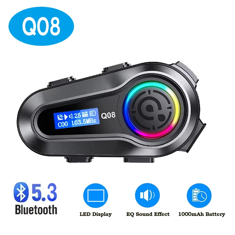 

Q08 Bluetooth-гарнитура для мотоциклетного шлема, IPX6, водонепроницаемая, стерео, FM-радио, стабильный сигнал, наушники, светодиодный дисплей, шумоподавление, MP3