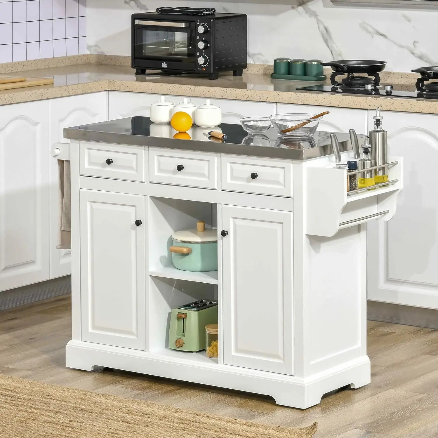 Rolling Kitchen Island with Storage, Kitchen Cart with Stainless Steel Top, Spice Rack & Drawers, White