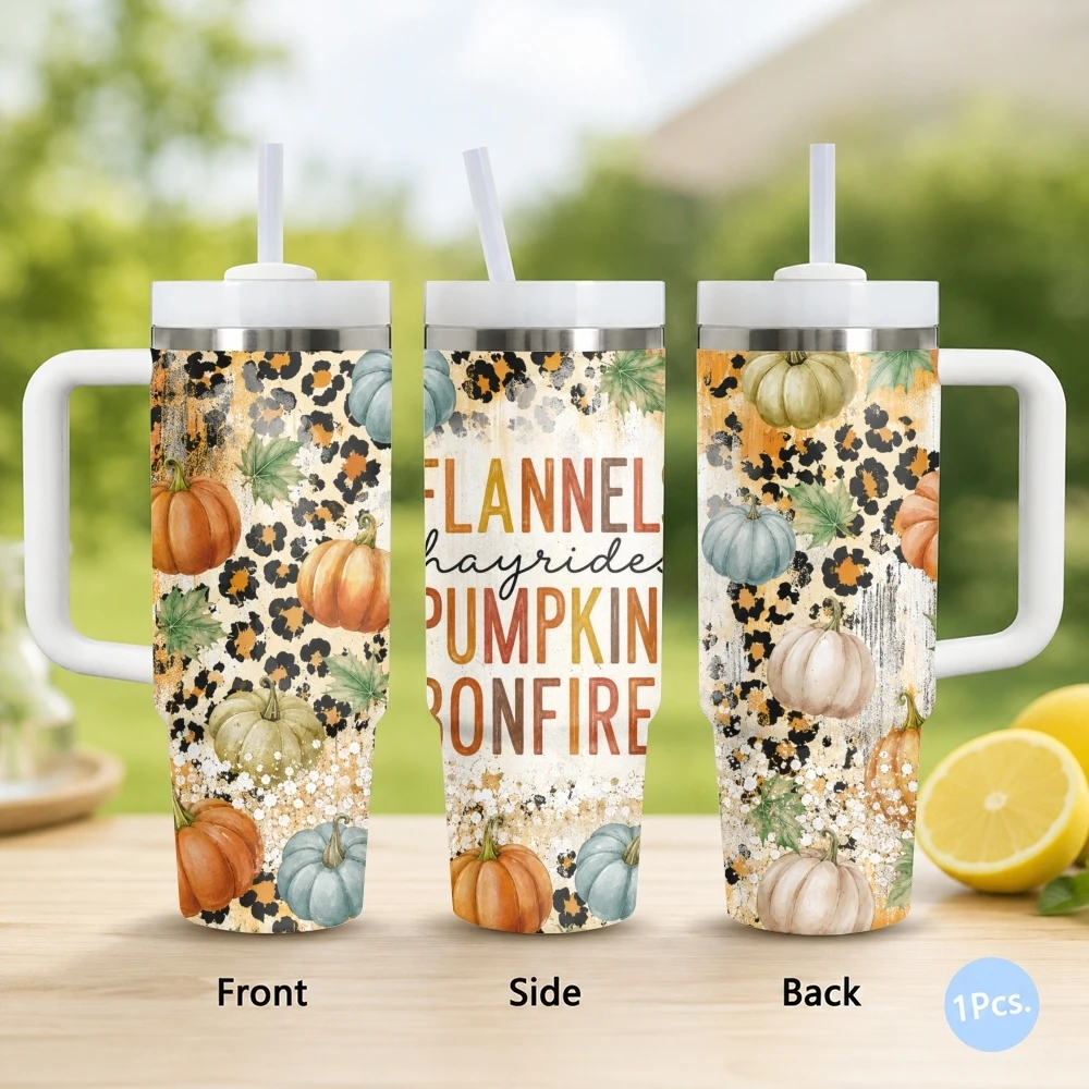 Autumn Leopard Pumpkin Vacuum Flasks 40oz Stainless Steel Insulated Tumbler with Handle & Straw Leakproof Travel Mug