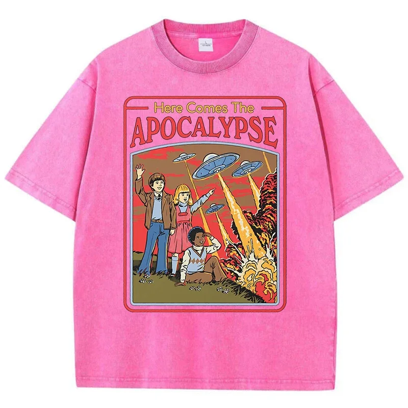 Baumwolle gewaschenes T-Shirt Here Comes The Apocalypse Ufo Retro Herrenbekleidung Übergroße Streetwear Fashion Tops Lässiges lockeres T-Shirt