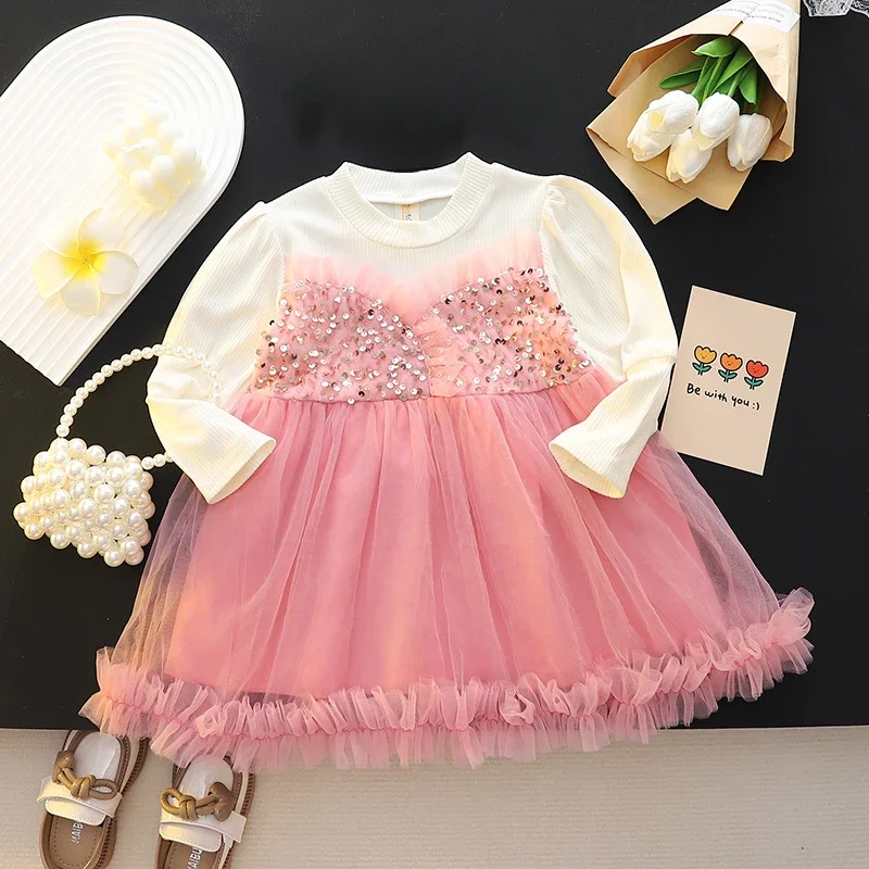 Spring and Autumn Baby Girls Dress Long Sleeved Dresses Infant Girls Sweet Splicing Mesh Glitter Princess Dresses