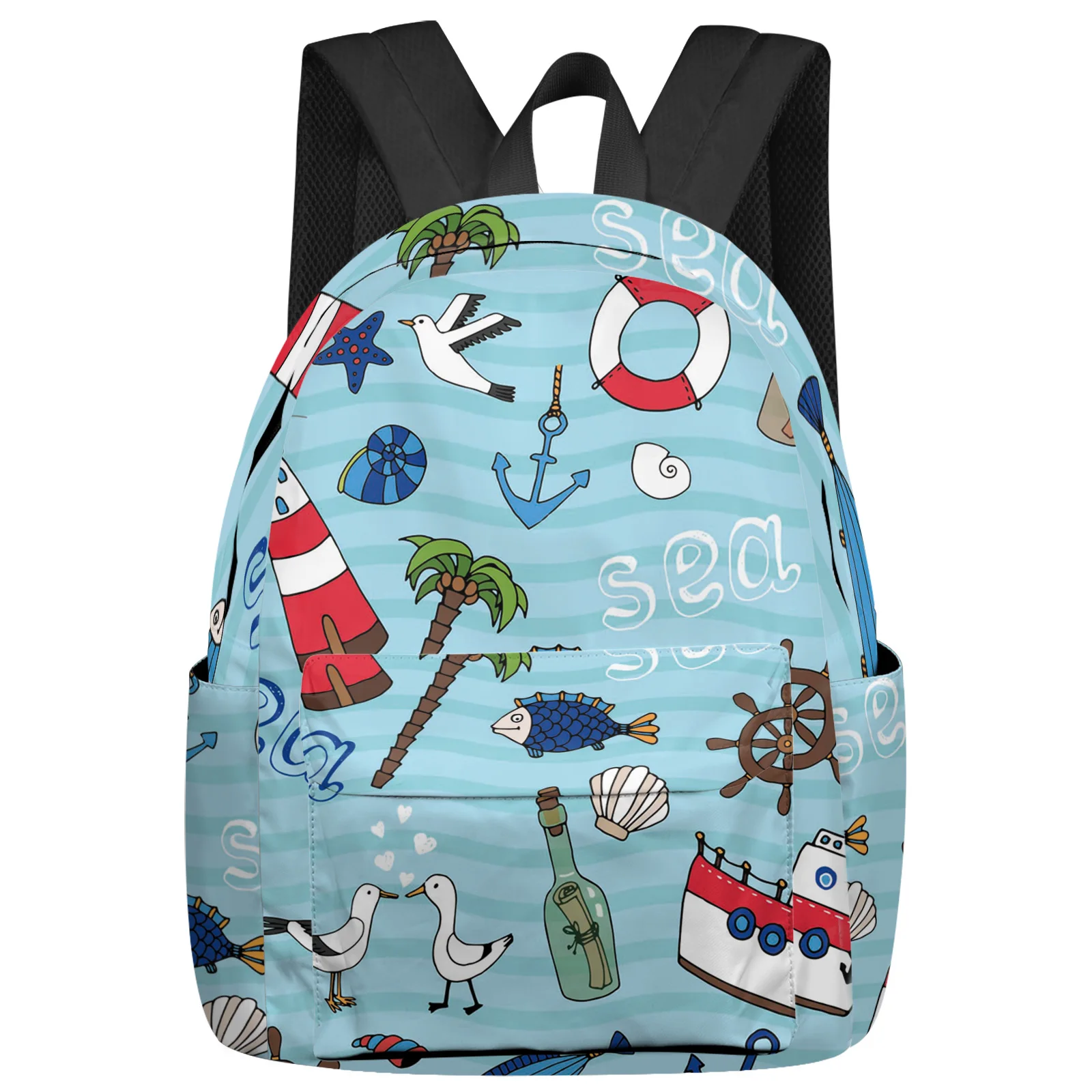 Sea Element Lighthouse Cruise Ship Seagull Backpacks Custom Student School Bags Laptop Backpack Men Women Female Travel Mochila