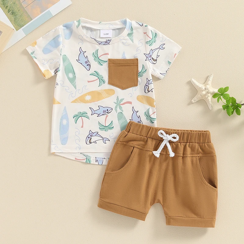 Infant Baby Boys Sea Animal Shorts Sets 2Pcs Summer Outfits Crab Turtle Print Short Sleeve T-Shirt and Shorts Suit