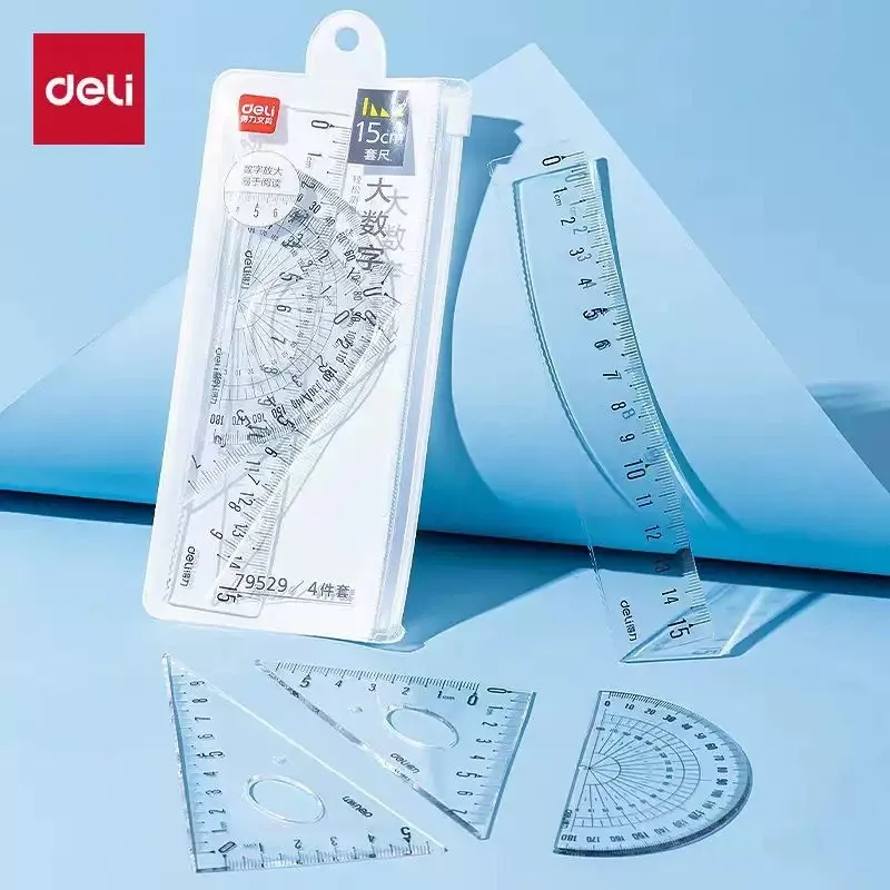 DELI Conjunto de Geometria Transparente 4 PCS Ferramentas de Desenho de Matemática com Régua Transferidor Triângulo Fácil Leitura Medição para Estudantes Escolares