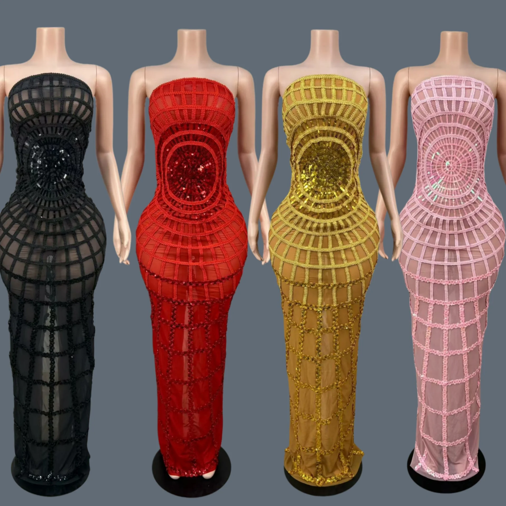 

Women Sexy Strapless Mesh See Through Maxi Dress Party Singer Stage Performance Costume Luxury Birthday Evening Dress Douquan