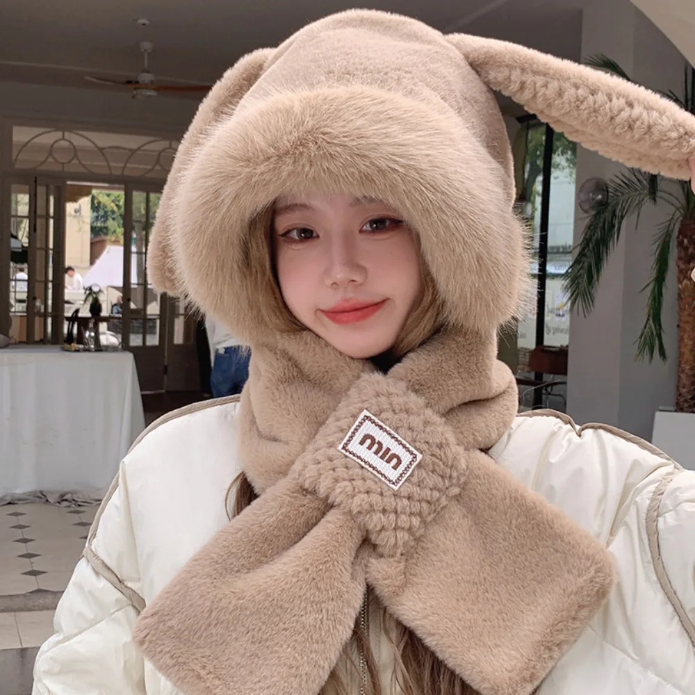 

2024 Thickened Plush Hat Scarf Gloves Set Cute Rabbit Ear Winter Warm Women Beanies Cap Ear Protection Cap Cycling