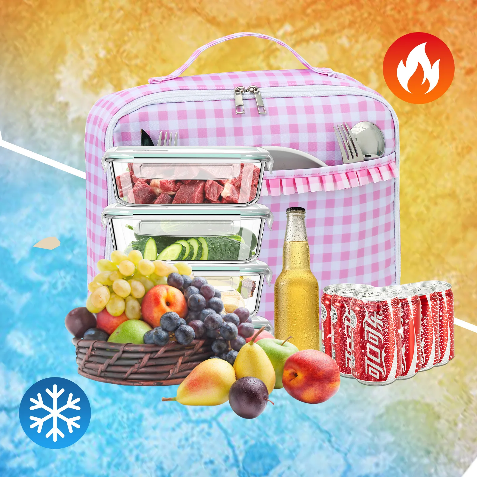 Lunch Bag Ruffle Plaid Insulated Cooler Box Kid Child School Thermal Food Tote Women Waterproof Leakproof Portable Reusable