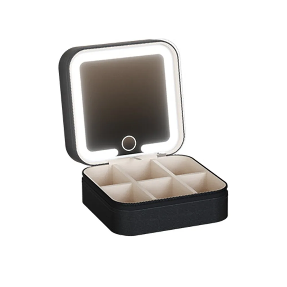 

Detachable Jewelry Box with Mirror Large-capacity 3-Color Light LED Lighted Earrings Case Square Space Saving