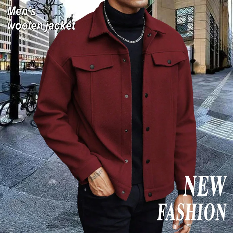 سترة قصيرة من الصوف بياقة الخريف والشتاء للرجال، سترة كاجوال للأعمال، غطاء جيب على الصدر، ملابس خارجية عصرية مزخرفة