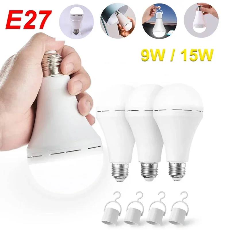 

E27 Emergency LED Lamp Bulbs 9W 15W Rechargeable High Brightness Light Bulb Outdoor Camping Fishing Portable Household Lamps