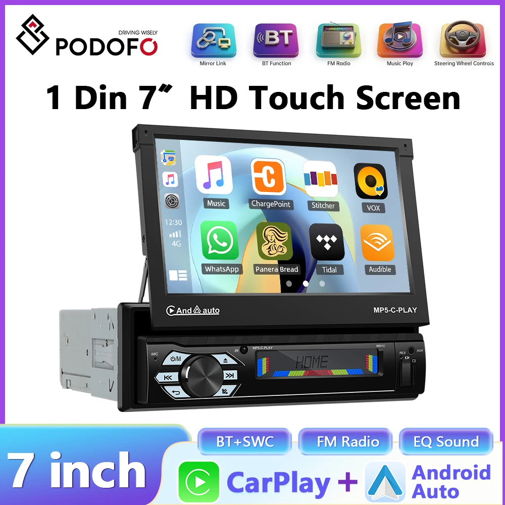 Podofo 1 Din Car Radio Carplay Android Auto Radio 7'' Retractable Screen Auto Flip-Out Car Multiemdia Mp5 Player 1Din Stereo