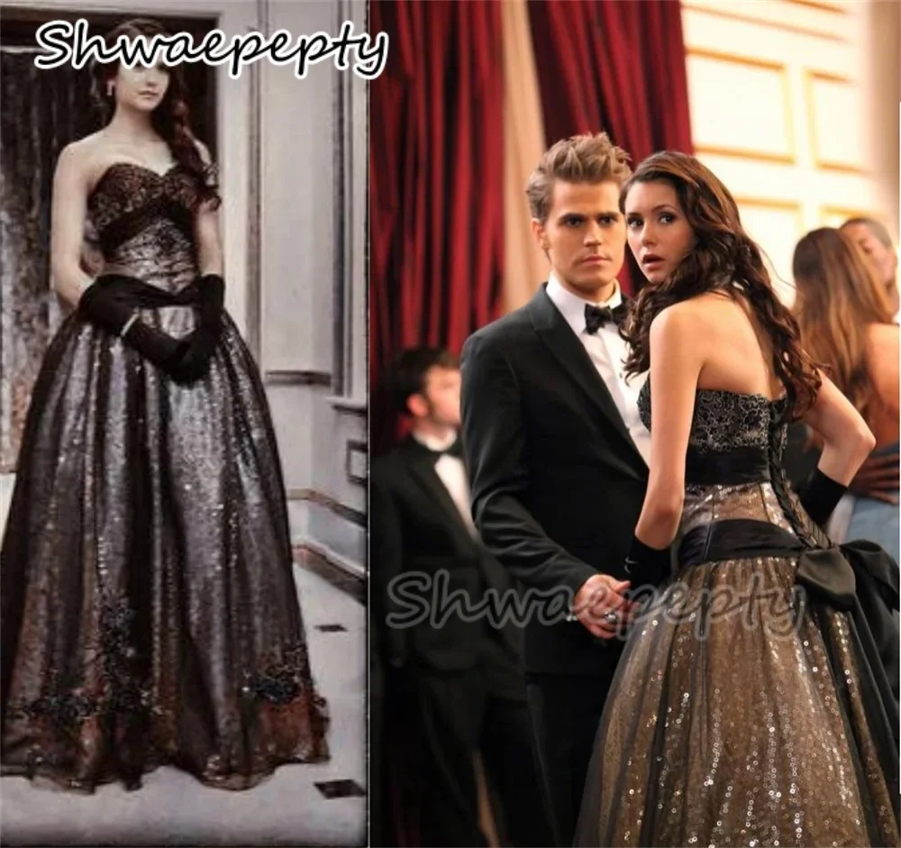 

Vintage Ladies Prom Dress Glitter Gold Sequined With Black Tulle Strapless A-Line Long Evening Gown Customized