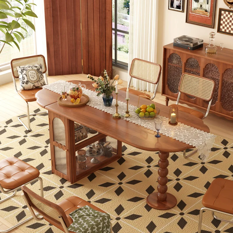 

Small apartment foldable retractable medium-ancient style all-solid wood dining table