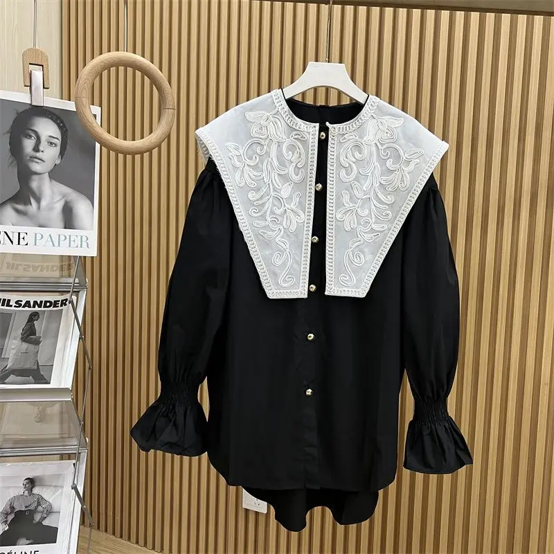 2023 New In Appliques Peter Pan Collar Original Design Tops Women Shirts Solid Flare Bell Long Sleeve Loose Blouses Black White