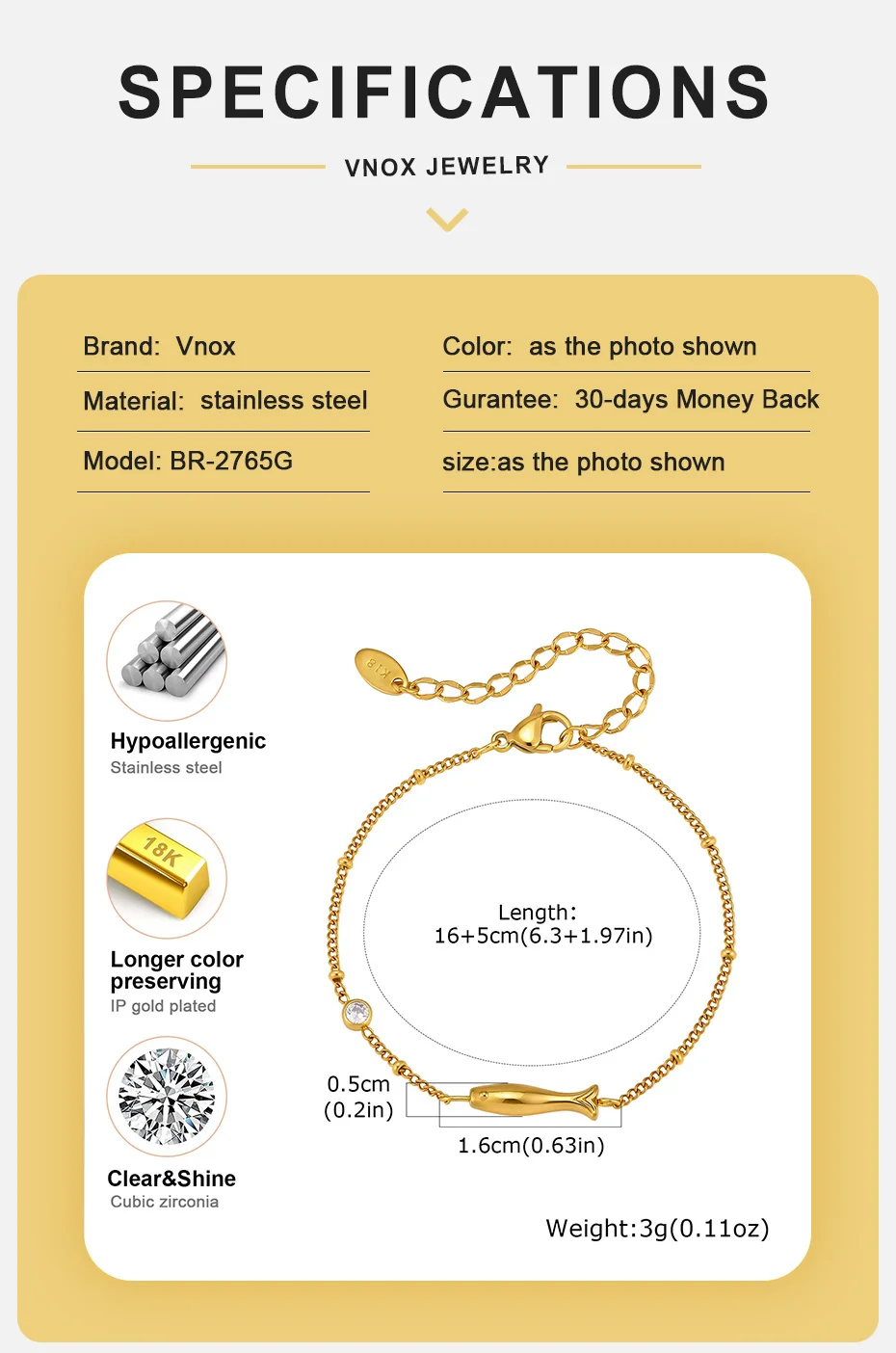 Vnox Minimalistisches AAA Zirkon Armband für Frauen Vergoldeter Edelstahl Fisch-Charm Gliederkettenarmband Sommer Täglicher Schmuck – Detail 4