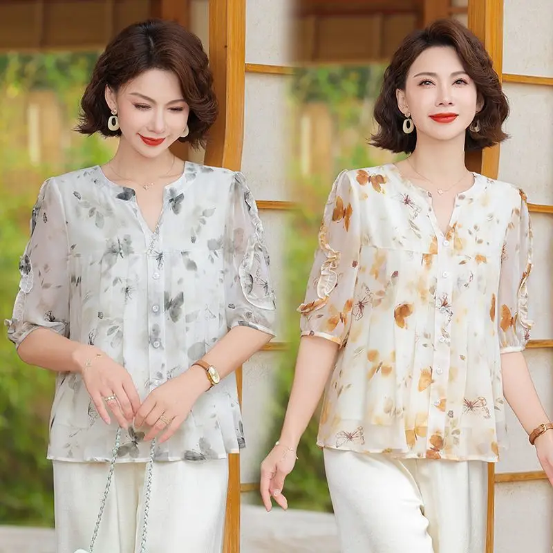 Mom Dress for Middle Aged Summer Clothes Fashionable and Slim Women's Shirt Tops Snow Woven