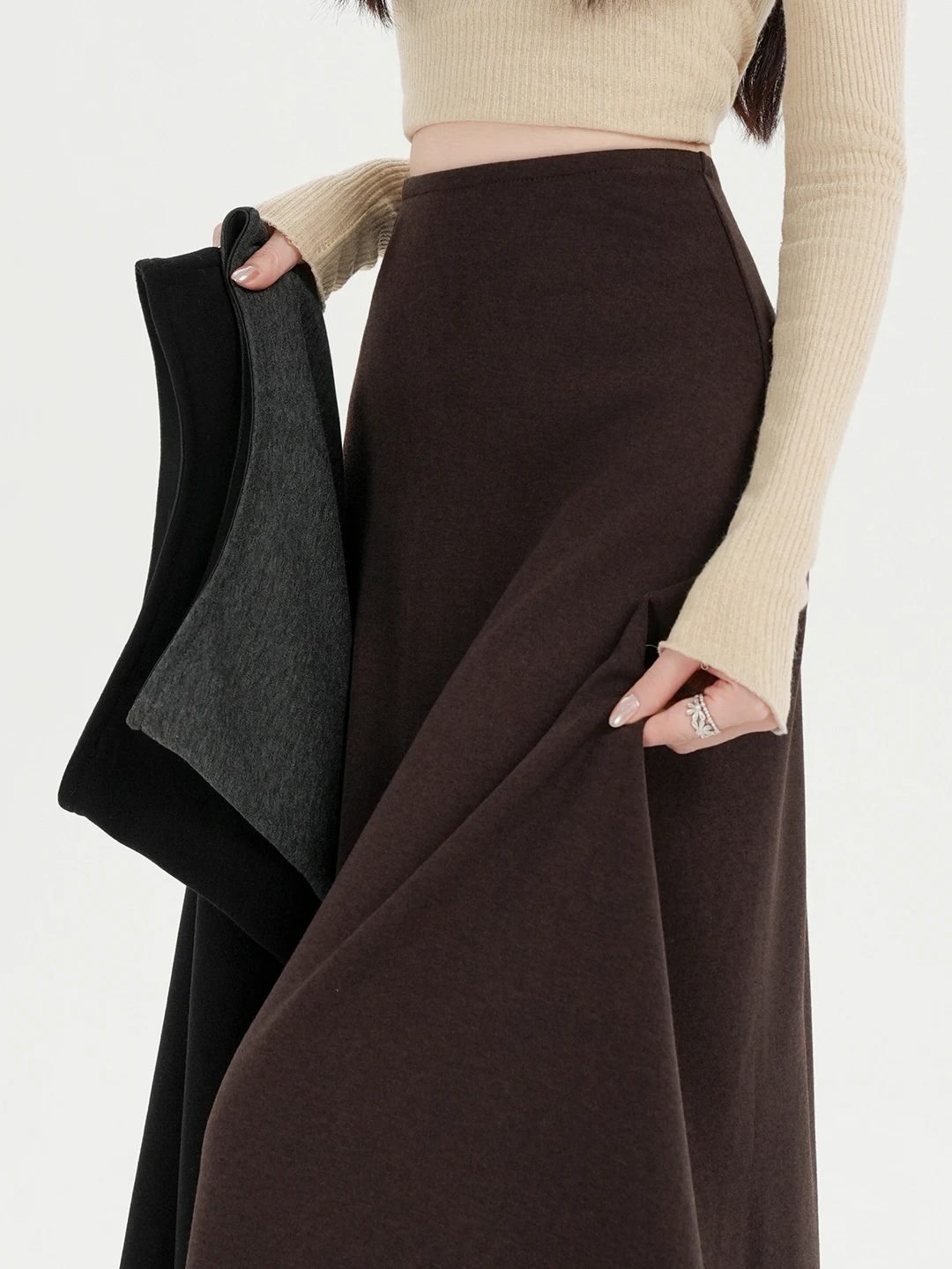 Cafe Au Lait High Waist A-Line Midi Skirt Women's Autumn Winter New Style Draped Slimming Commute Versatile Long Skirt Trendy