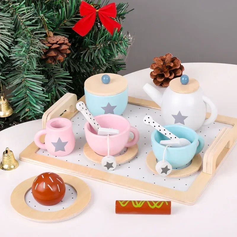 

Kids Kitchen Wooden Toy Set, Afternoon Tea Set Ice Cream Store Coffee Shop Pretend Play Educational Toys Gifts for Girls Boys