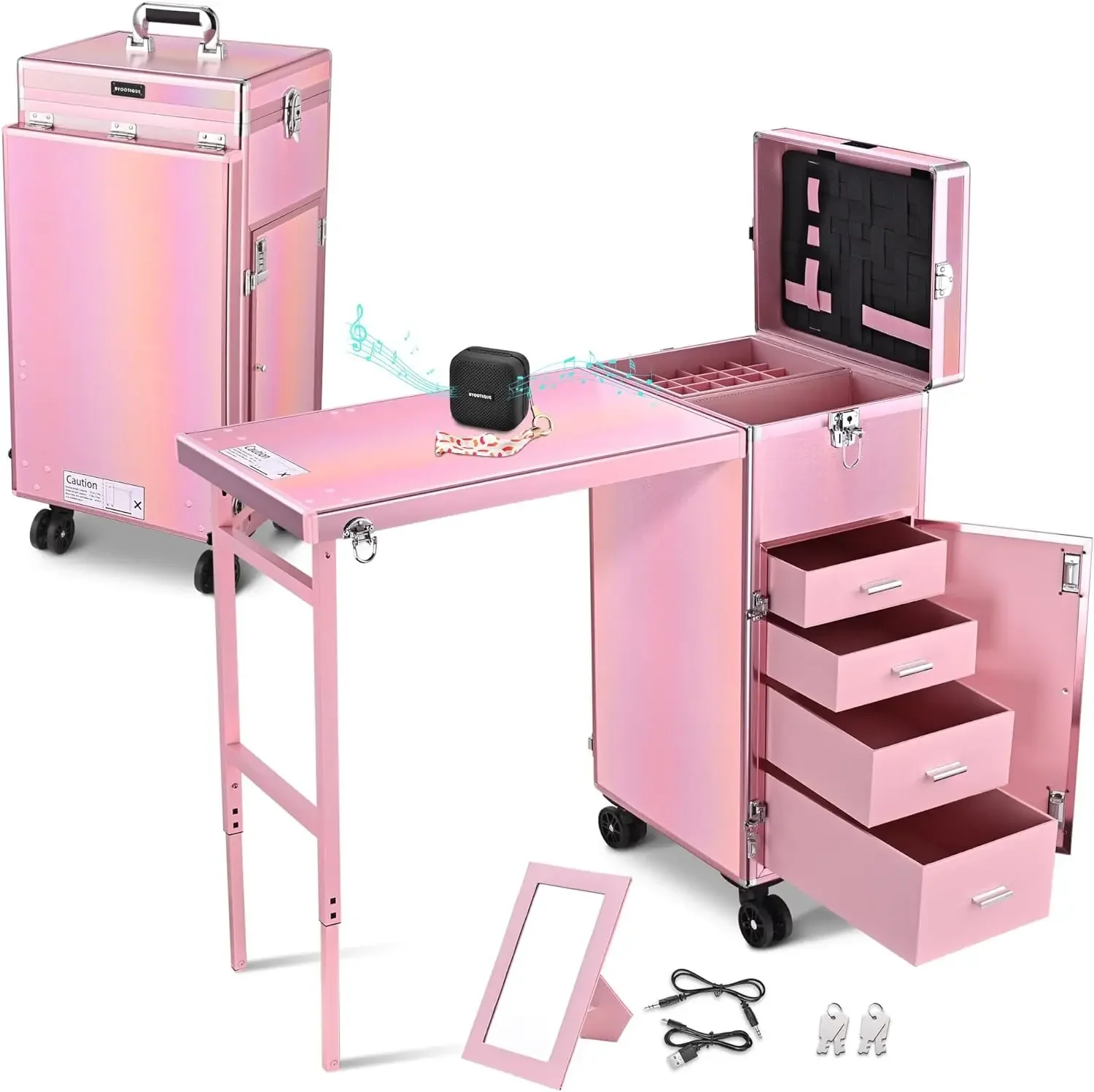 Rolling Manicure Table Foldable Nail Table Makeup Train Case with Desk Cosmetic Trolley Travel Storage Organizer with Speaker