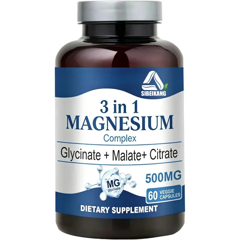 Magnesium glycinate, magnesium citrate, magnesium malate 500mg, high-quality essential mineral supplement, 60 vegan capsules